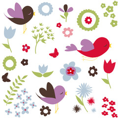 Wall Mural - Birds and flowers, spring background