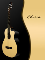 Classical acoustic guitar on black background. Music instrument.