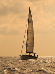 Wall Mural - Yacht sailing against sunset