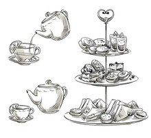 Set Of Snacks On A Tray. Teatime. Vector Sketch.