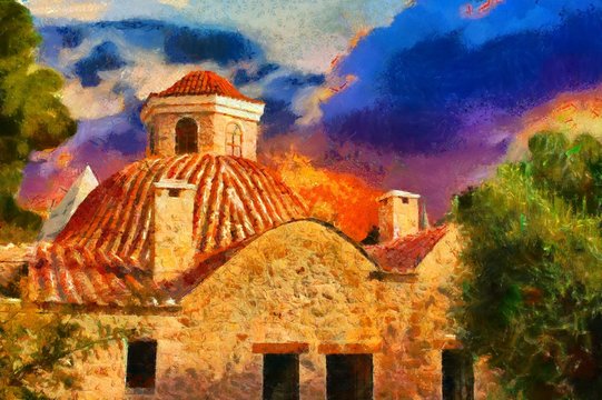 Image in painting style of a View of Kaleici Antalya Turkey
