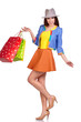 © ZoomTeam - Casual style woman hold shopping bag. Studio female isolated por