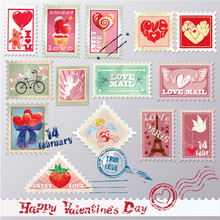 Set Of Vintage Post Stamps With Hearts For Valentines Day Design