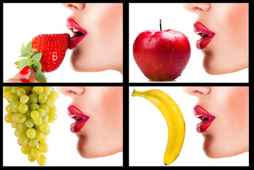 Wall Mural - collage with red lips and fruits isolated on white
