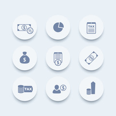 Sticker - tax, finance, money, income icons, pictograms, round icons set, vector illustration