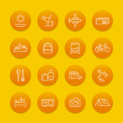 Wall Mural - Travel, tourism line icons, recreation, trip, tour, journey pictograms, round icons, vector illustration