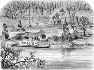 Oil extraction, Well Van Slyke Pennsylvania, vintage engraving.