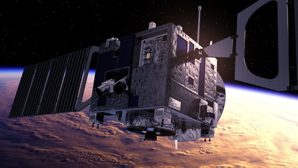 Wall Mural - space satellite exploring a hurricane on the earth. 3d animation.