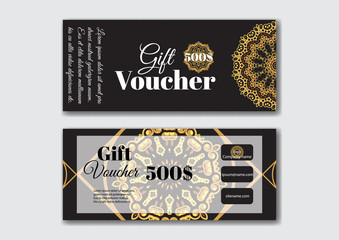 Gift voucher design templates with gold pattern. Vector illustra