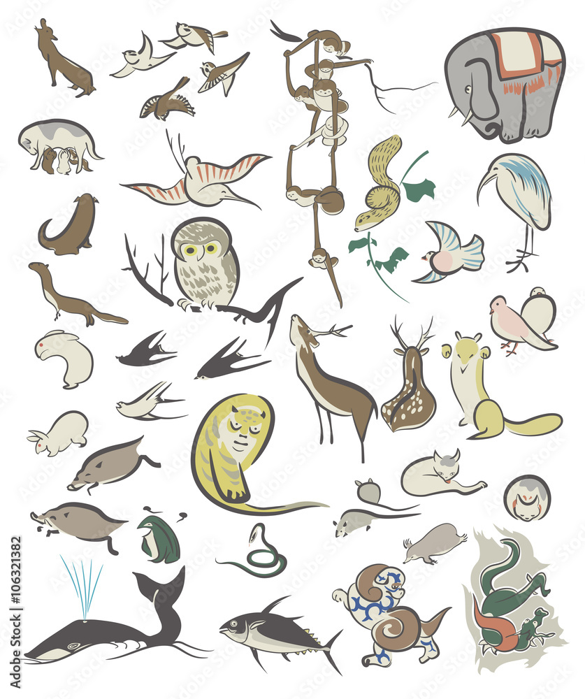 鍬形蕙斎 鳥獣略画式のイメージイラスト の Stock ベクター | Adobe Stock