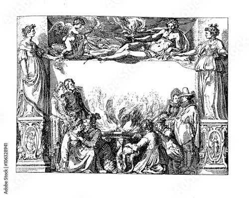 Fotografia, Obraz Renaissance allegoric frame with mythological godesses, angel and people