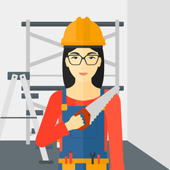 Wall Mural - Smiling worker with saw.