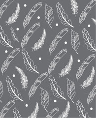 abstract monochrome illustration of a set of contour feathers decorative black and white on a grey background, can be used as some how add on t-shirts and bags with fabric