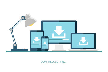 Poster - Desktop computer, laptop, tablet and smartphone with downloading screen. Downloading process. Install new software, operating system. Vector illustration.