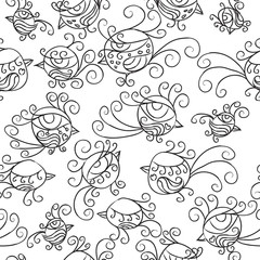 Vector seamless pattern. Many little birds black on white backgr