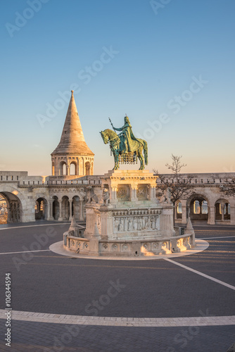Fotografie, Obraz Saint Stefan Statue at Fisherman's Bastion, in Budapest, Hungary with Clear Blue