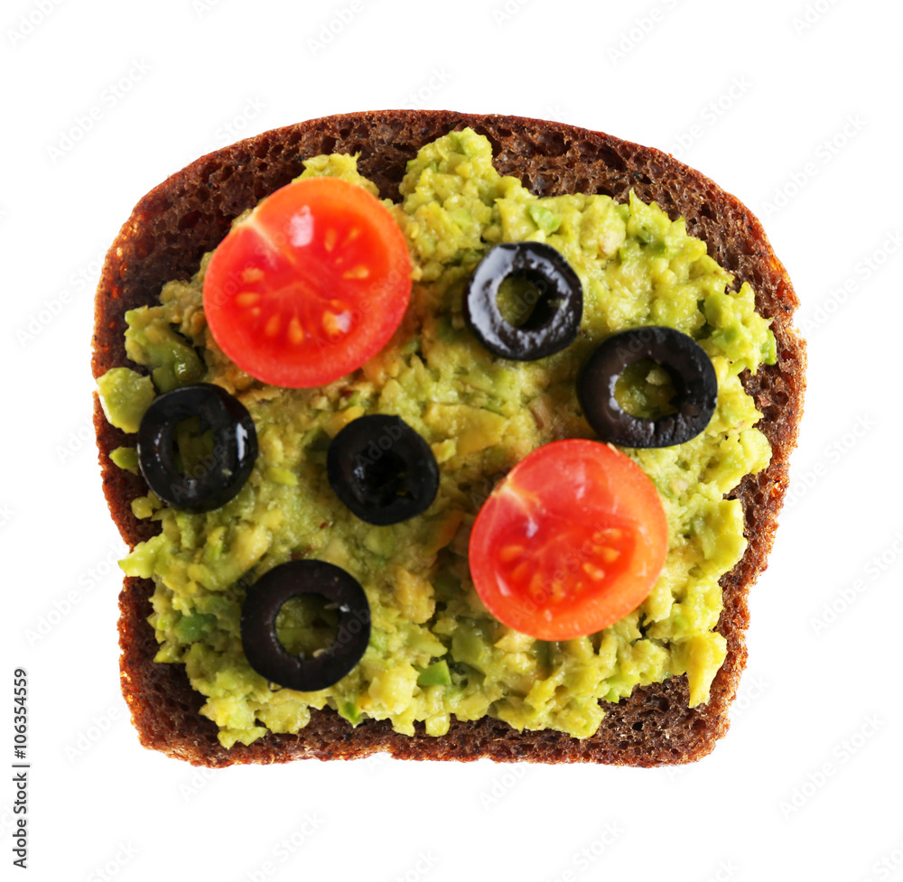 Avocado sandwich with tomatoes and olives isolated on white