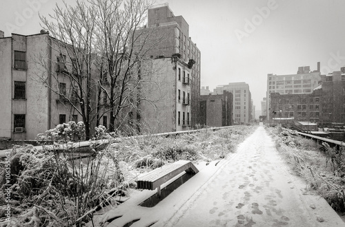 Black & White view of the High Line covered in snow after winter snowstorm Poster