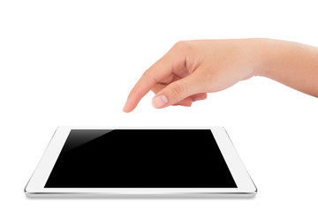 Poster - female hand touching on mock up tablet isolated with clipping pa