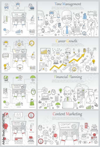 Doodle Line Design Of Web Banner Templates With Outline Icons Of