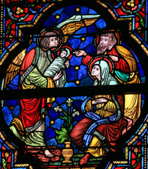 Fototapete - Joseph, Mary, Gabriel and Jesus - Stained Glass