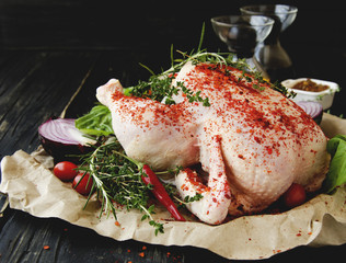 raw chicken with herbs spices ingredients, selective focus