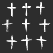 Grunge Christian Cross Icons. White Cross Icons On Black Background. Vector Illustration