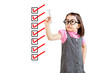 Cute little girl wearing business dress and checking on checklist boxes. White background.