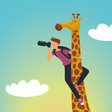 Safari. Photographer With A Giraffe