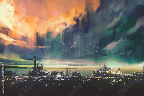 Plakat cyfrowe malowanie krajobrazu miasta sci-fi