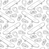 Street Skateboarding Seamless Pattern in Black and White. Repetitive Texture with Hand Drawn Skateboards, Sneakers and Caps.  Vector Lifestyle Background