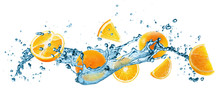 Water Splash With Oranges On The White Background