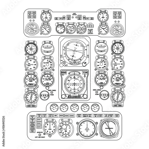 Fotografie, Obraz Black flight instrument panel in the cockpit of an aircraft on white background