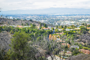 Good sunny day in downtown Los Angeles, California. Aerial view of Los angeles city from Runyon Canyon park Mountain View