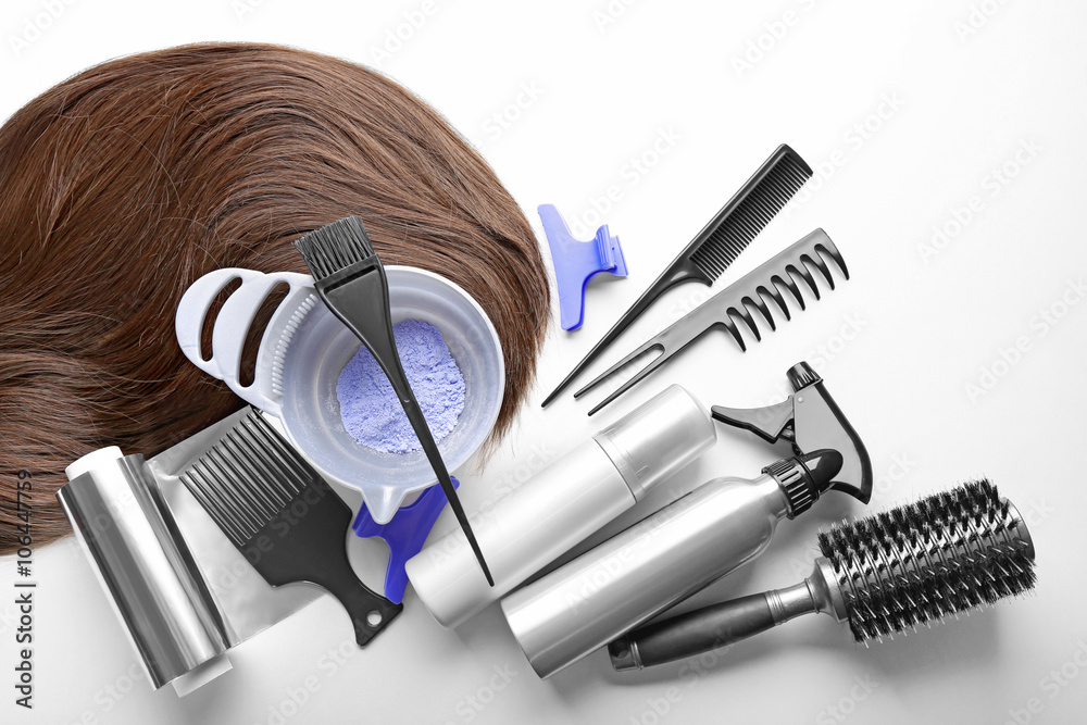 Barber set with strand, tools and hair dye, isolated on white