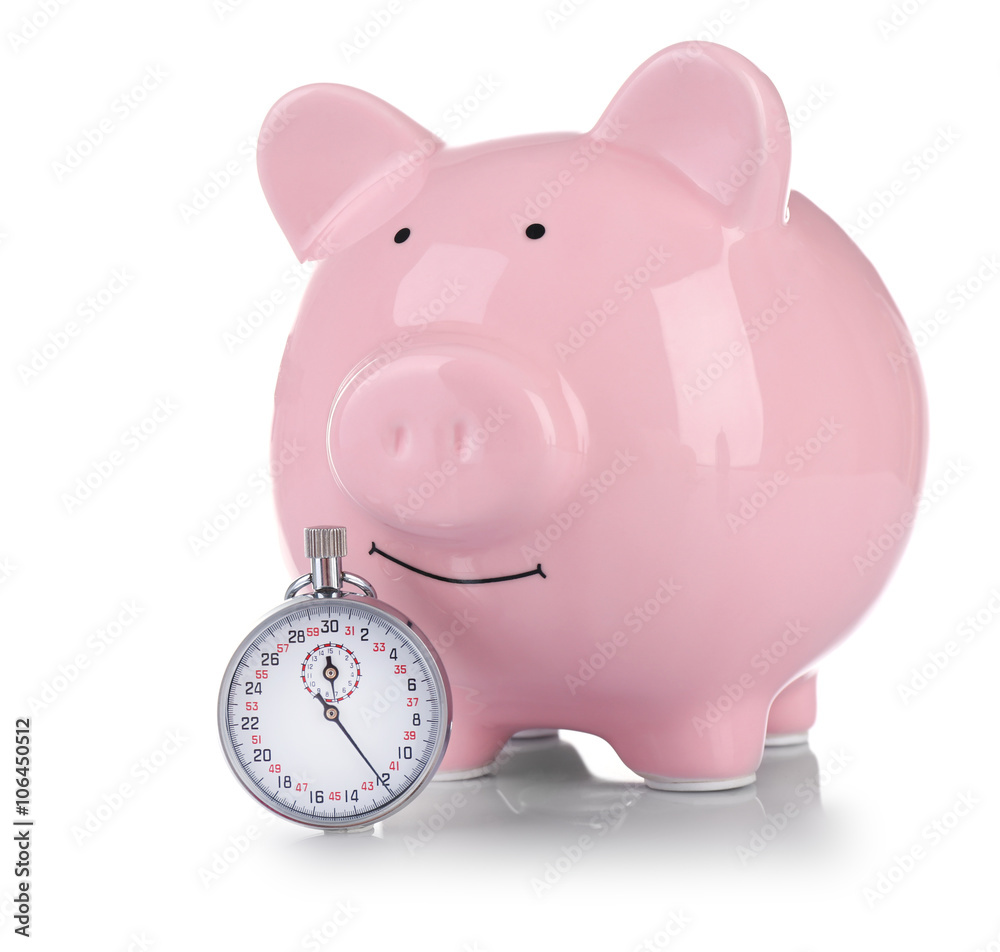 Pink piggy bank and a timer  isolated on white