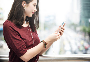 Poster - Woman Listening Music Media Entertainment Walking Concept