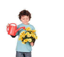 Wall Mural - Small boy watering beautiful yellow flowers