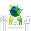 People holding green earth. Abstract background for save earth day. Environmental, ecology, nature protection concept. Banner, poster, flyer design template. 