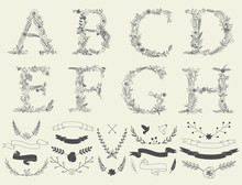 Letters A, B, C, D, E, F, G, H. Floral Elements Of Alphabet