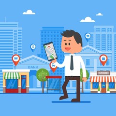 Poster - Mobile navigation concept vector illustration. Man holding smartphone with gps city map on screen and route. 