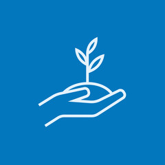 Poster - Hands holding seedling in soil line icon.