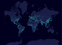 Earth At Night World Map, Earth Day Concept, World Population Biggest Cities. Glow Infografic Elements. Urbanization And Globalisation Idea. Aqua Neon Luminanse. Hud Elements