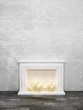 Interior picture with classical white candle fireplace, aged gray wooden floor and empty rough stucco wall background. 3d rendering.