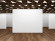 Empty white exhibition stand with interior of art picture gallery as background. 3d rendering.