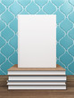 White book template with empty cover standing on a pile of multi-colored books with blue tile and wooden surface background. 3d rendering.