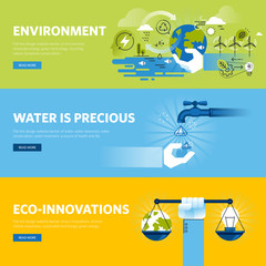 Poster - set of flat line design web banners for environment, renewable energy, green technology, ecology. ve