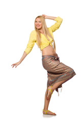 Caucasian model wearing yellow blouse with skirt isolated on whi