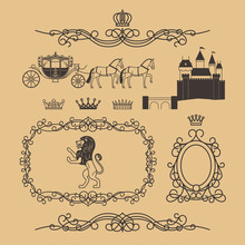 Vintage Royal Elements And Princess Decor Elements In Line Style. Vintage Royalty Frame With Crown, Princess Castle And Royal Lion. Vector Illustration