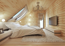 Luxurious Bedroom In Modern Style, With A Roof Window In The Log
